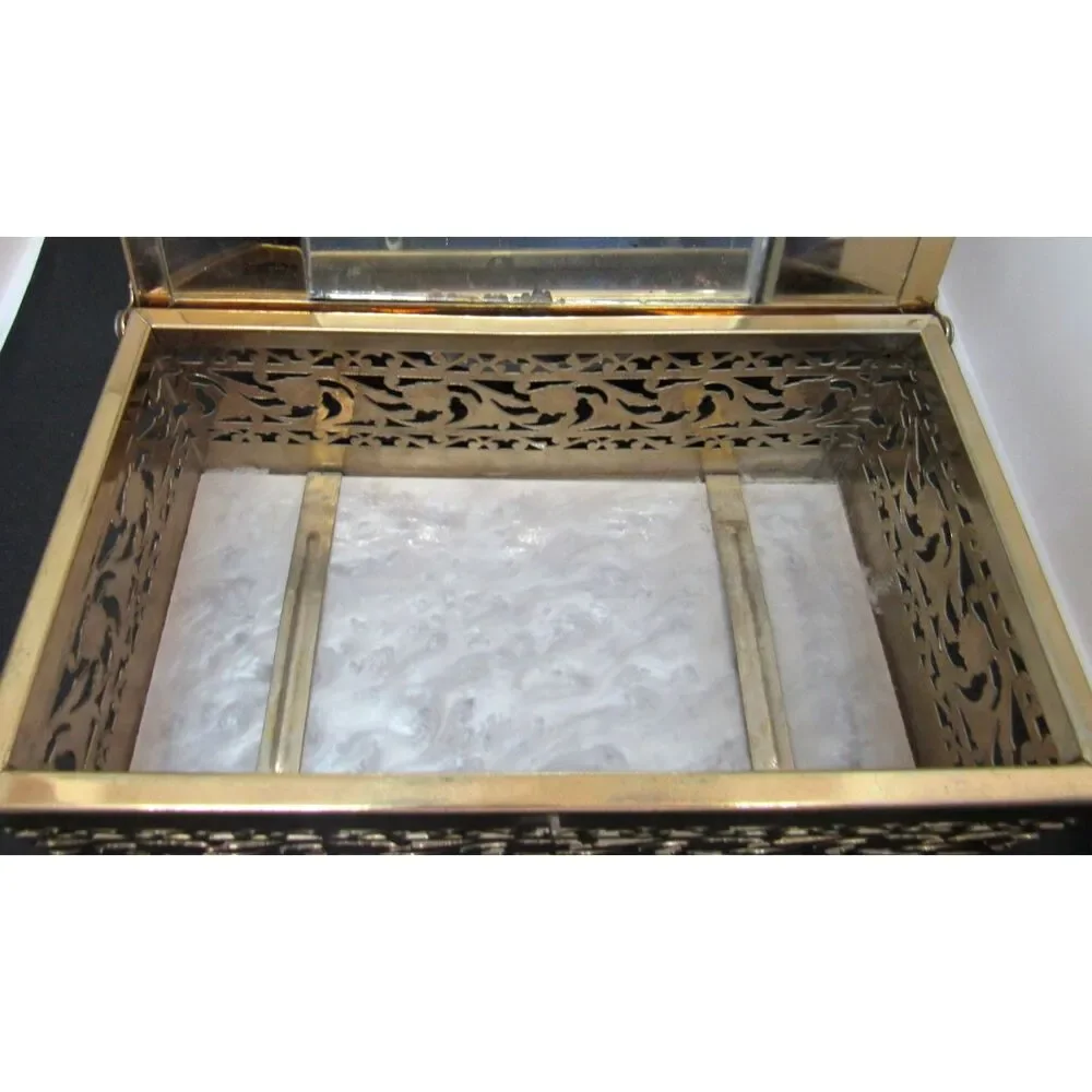 Lucite pearl purse box brass filigree trim with Mirror handbag 1950 mid century